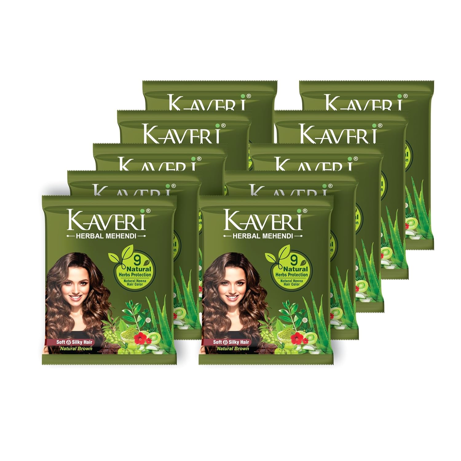 Kaveri 9 Herbs Herbal Henna Powder Organic Natural Green Heena for Hair Colour Nourishes Conditions & Strengthens No Harsh Chemicals All Hair Types - (15g) Pack Of 10