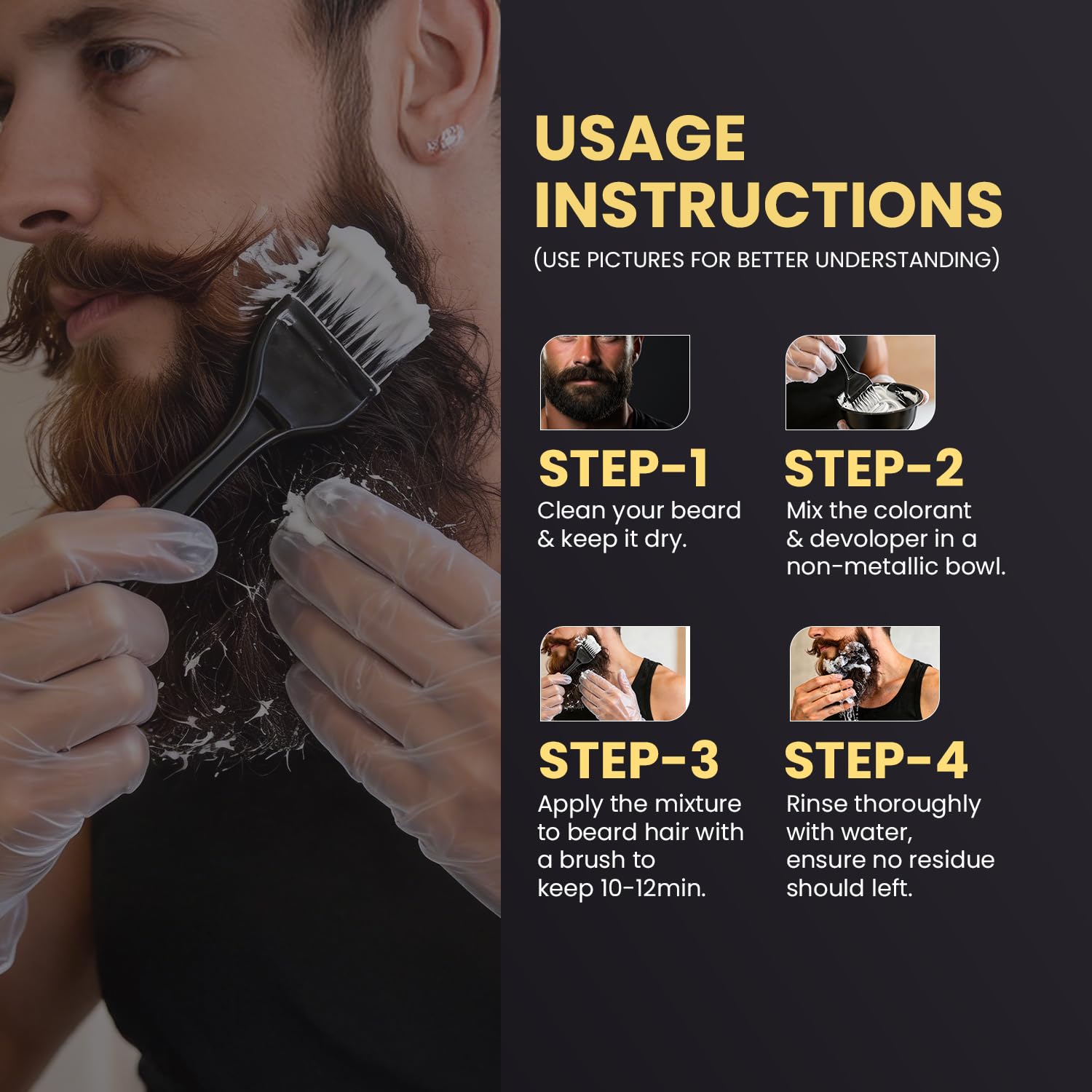 Kaveri Beard Color for Men – Natural Black | No Ammonia Beard Dye | 10 Minute Gray Coverage | Permanent Beard Moustache & Sideburn Color | With Developer & Brush | 60g + 60ml - Image 5