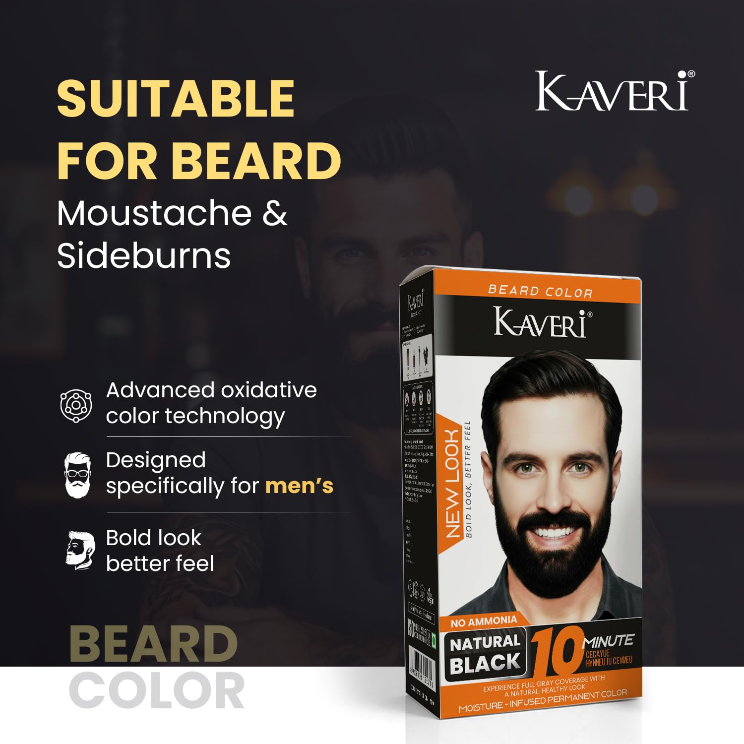 Kaveri Beard Color for Men – Natural Black | No Ammonia Beard Dye | 10 Minute Gray Coverage | Permanent Beard Moustache & Sideburn Color | With Developer & Brush | 60g + 60ml - Image 6